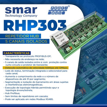 RHP303: REPETIDOR HUB PARA PROFIBUS DP COM 5 CANAIS ISOLADOS